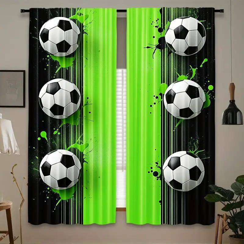 Set Of 2 Sporty Soccer Ball Printed Curtains Designed Quality Material Ideal Sports Enthusiast Home Windo Curtain With Semi Sheer Polyester