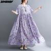DIMANAF Plus Size Linen Summer Dress Beach Sundress  Floral Casual Purple Women Clothing