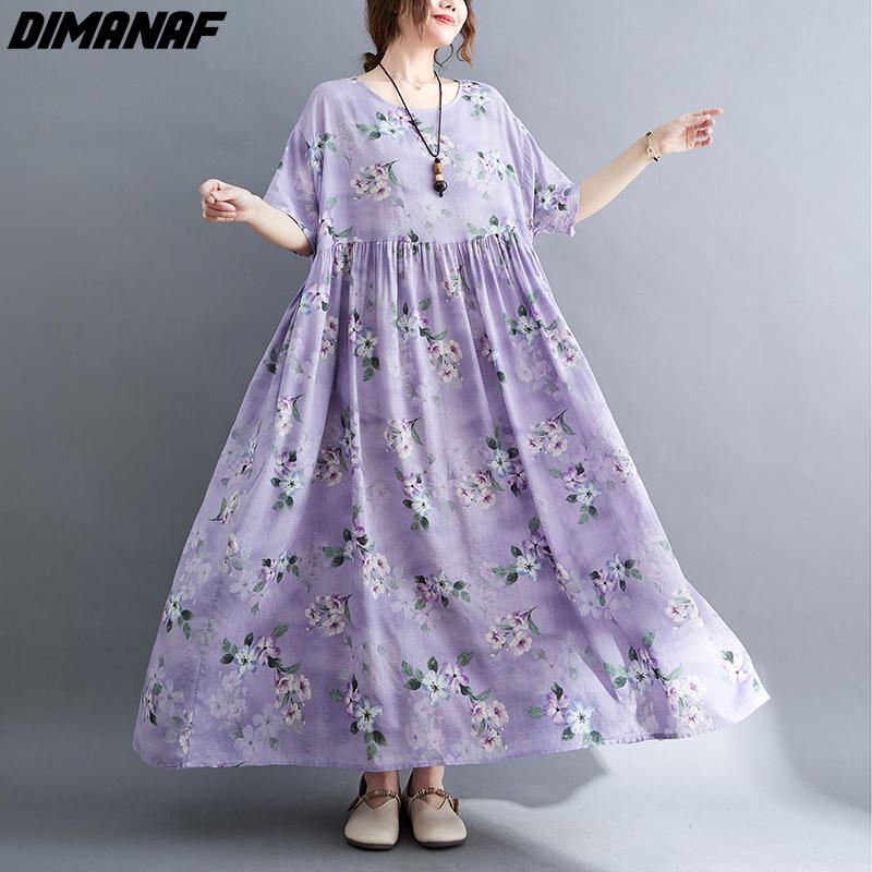 DIMANAF Plus Size Linen Summer Dress Beach Sundress  Floral Casual Purple Women Clothing