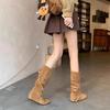 Cowhide Version~ 6cm Height Increase Fashion Pleated Stacking Boots Women's Autumn and Winter New Round Head Buckle Strap Thin Knight Medium Boots