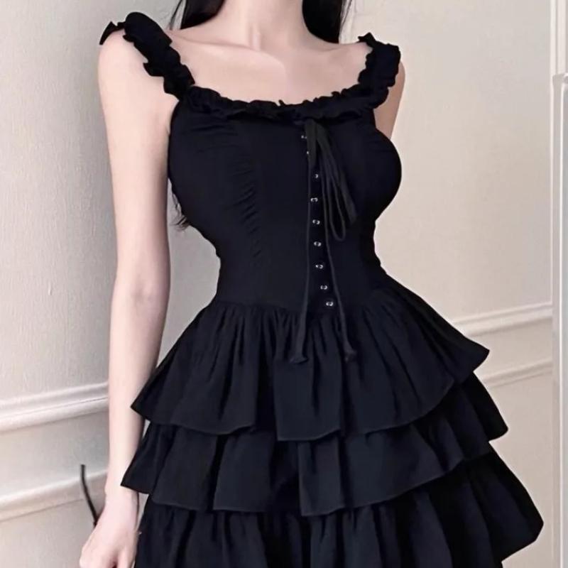 Primavera 2026 Lolita Kawaii Abito Sottoveste Soft Girl Goth Harajuku Monospalla Senza Schiena Sexy Nero Balze Abiti da Festa Y2k