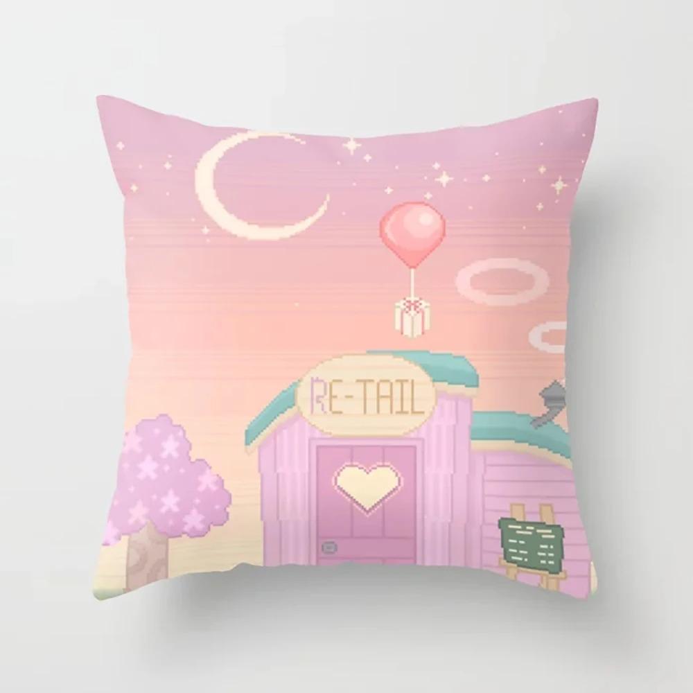 Pink Cartoon City Print Pillowcase Car Ornaments Office Living Room Home Pillowcase