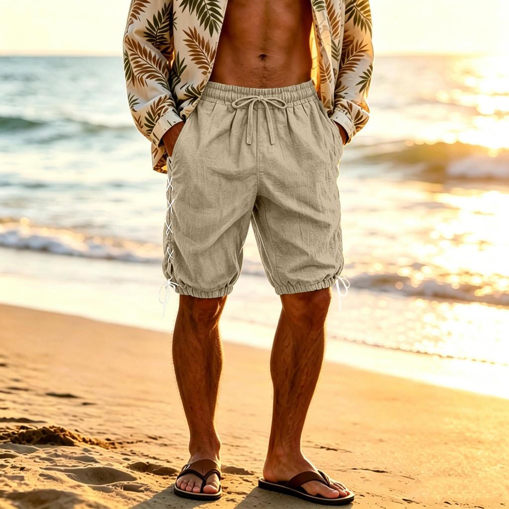 Men's Linen Casual Shorts Side Drawstring Cotton Linen Breathable Beach Pants Summer Lightweight Loose Fit Straight Leg