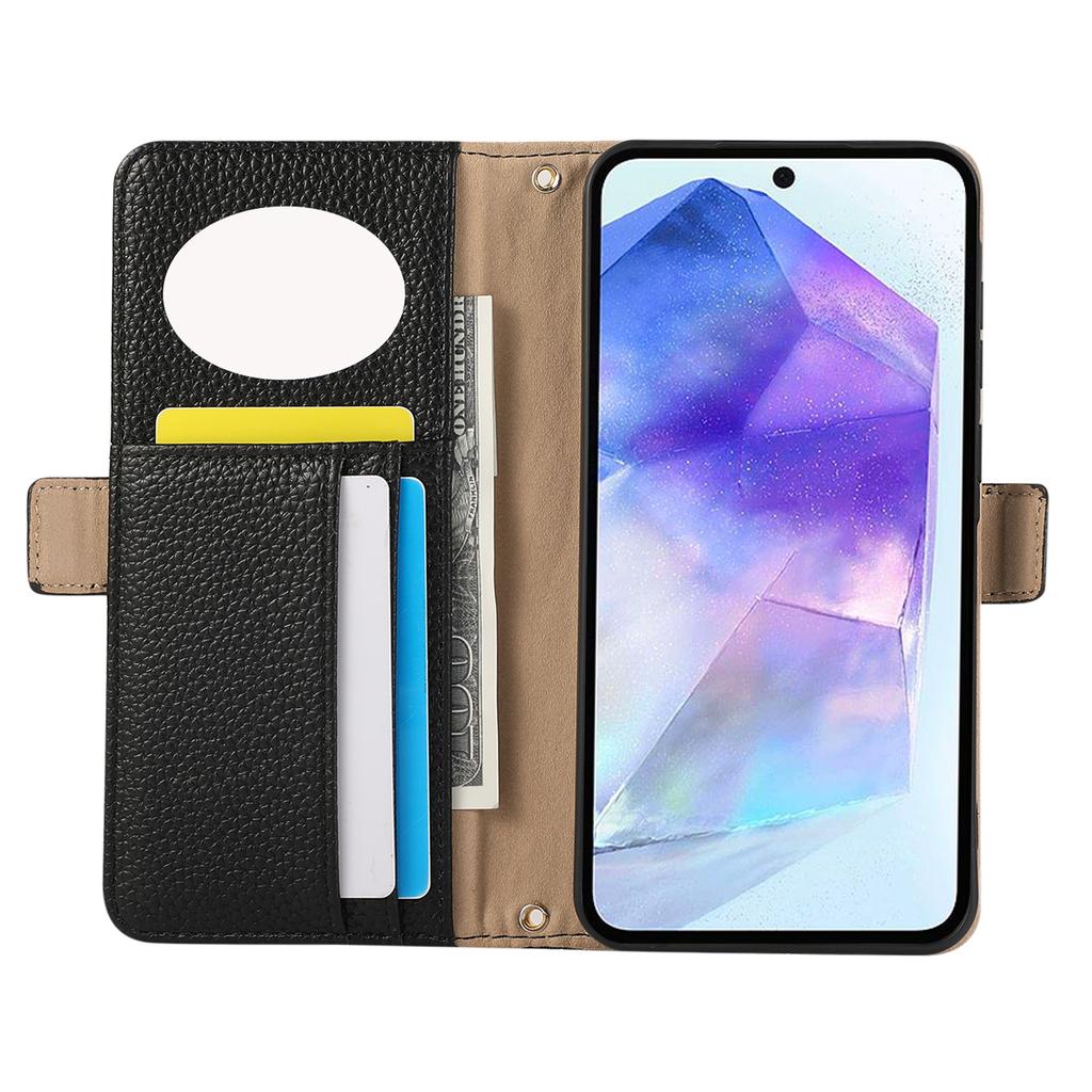 For Samsung Galaxy A55 5G Wallet Phone Case Shockproof TPU+PU Leather Flip Cover with Mirror,Strap