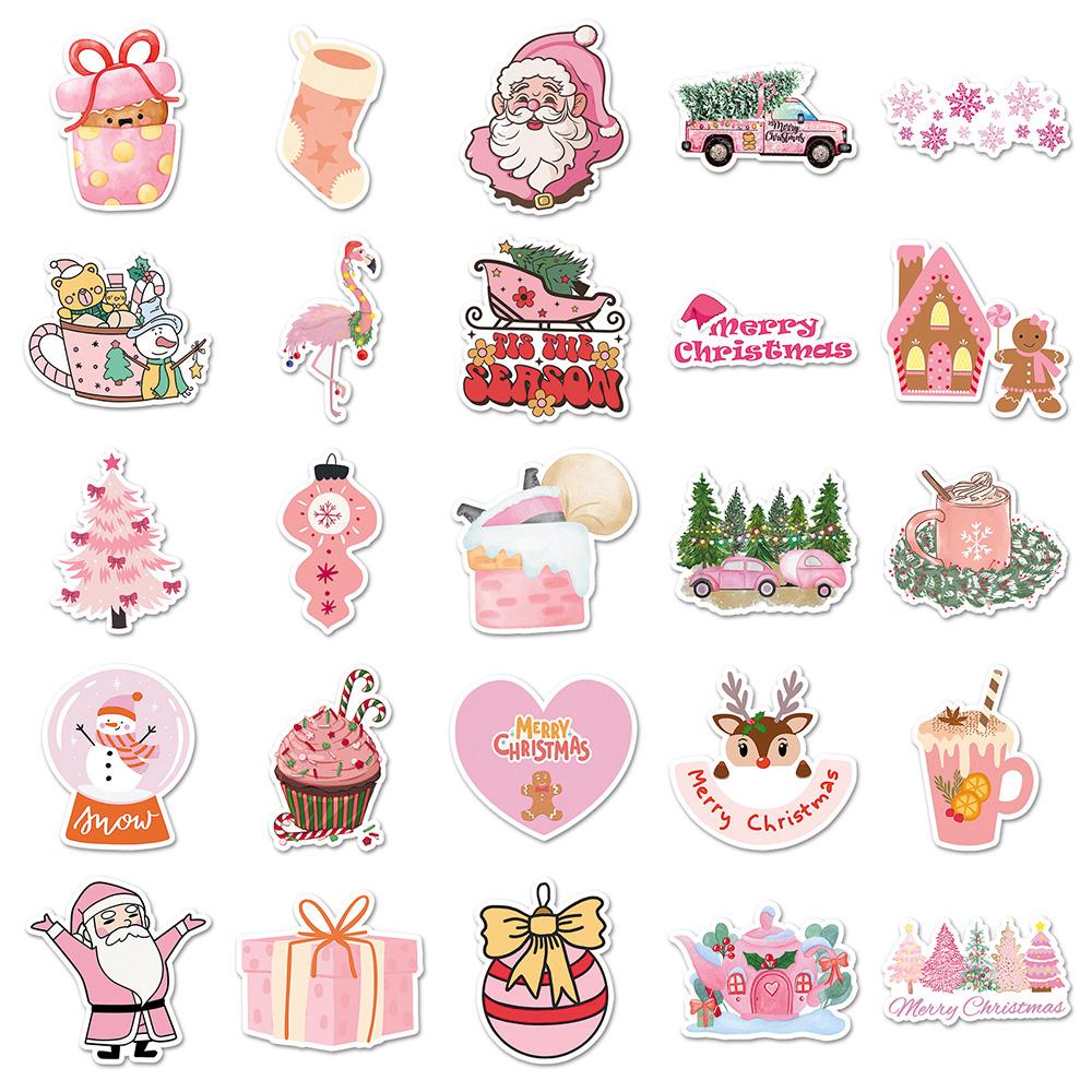 50pcs Pink Christmas Cute Santa Claus Stickers Cute Toys Decals Decoration DIY Phone Fridge Suitcase Skateboard Bike Gifts