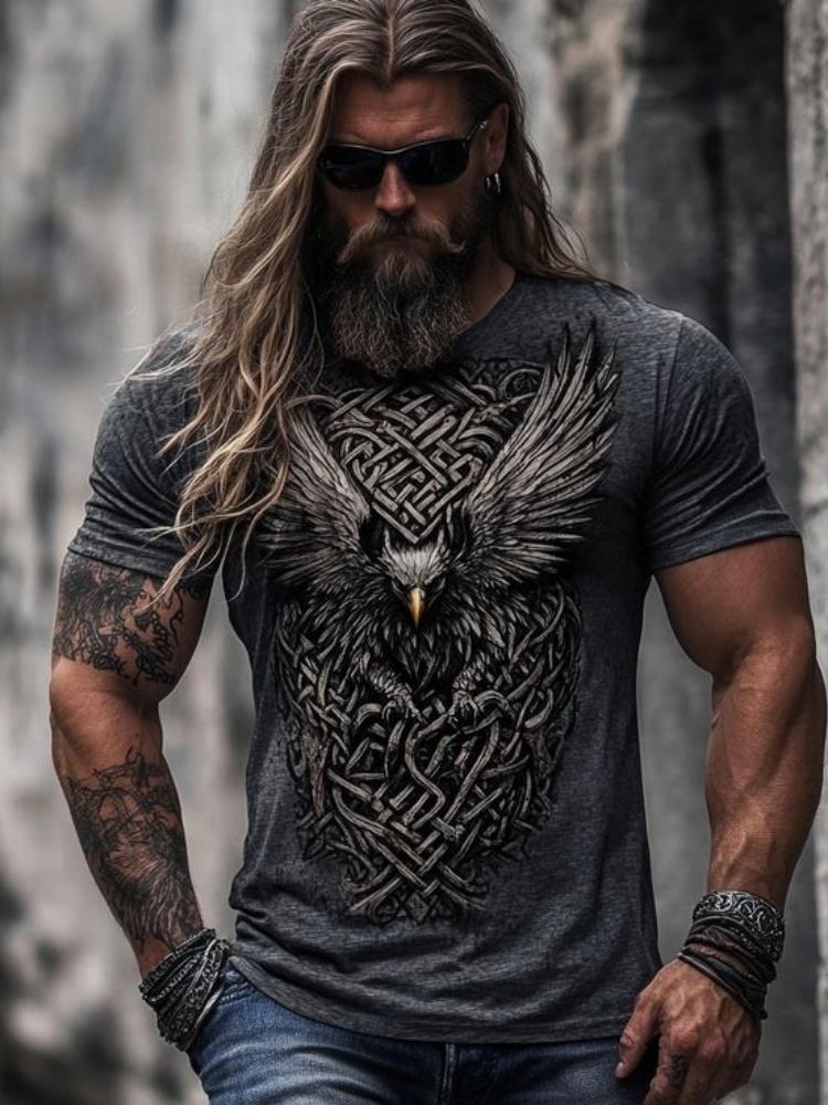 Outdoor Fashion Men's T-shirt with 3D Print of Tribal Style Wolf Pattern, Short Sleeve, Fitness and Sports Round-neck Top
