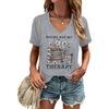 Floral Book & Coffee Design V-Neck T-Shirt Books Are My Therapy Graphic Tee Bookish Casual Tops Book Coffee Lover T-shirt Female