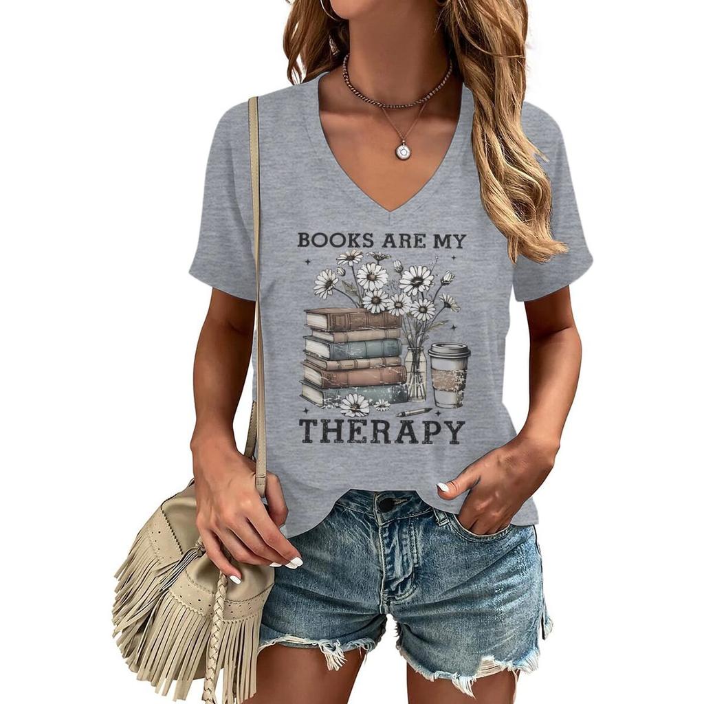 Floral Book & Coffee Design V-Neck T-Shirt Books Are My Therapy Graphic Tee Bookish Casual Tops Book Coffee Lover T-shirt Female