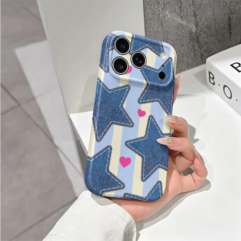 Cute Denim Jean Star Heart Striped Pattern Art Film Aesthetic Protective Shockproof Bumper Phone Case Cover For iPhone 14 15 16 Pro Max Plus