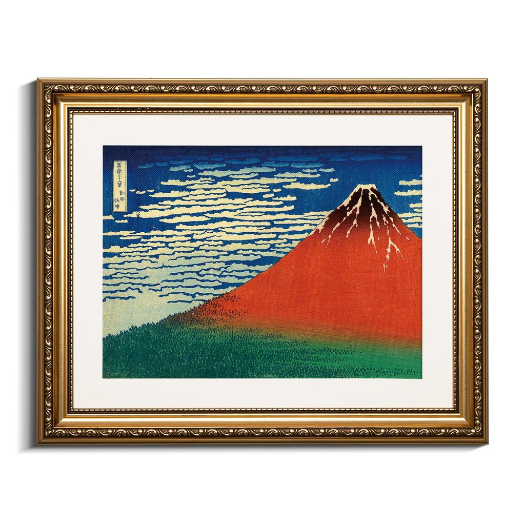 RINTO Red Fuji Fine Wind Clear Morning Katsushika Hokusai Ukiyo-e Art Panel Antique Gold Frame Japanese Wall Decor