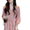 2025 Floral V-Neck Mid-Length Dress for Women: Spring & Autumn Rose Tea Break Design