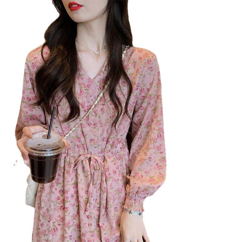2025 Floral V-Neck Mid-Length Dress for Women: Spring & Autumn Rose Tea Break Design