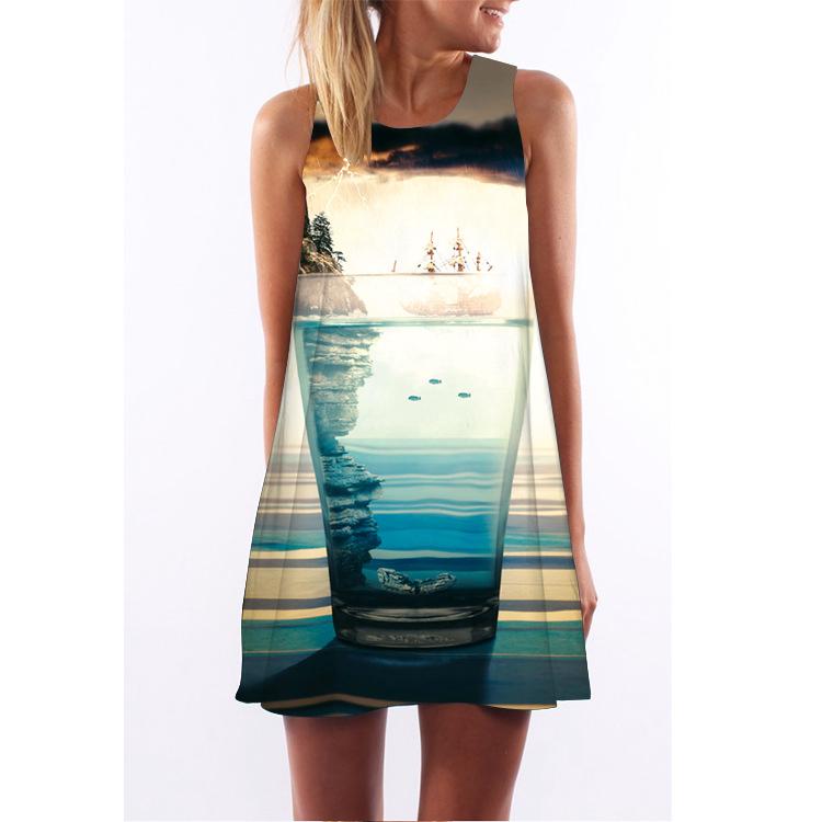 Europe Station Europe and the United States new digital printing crew neck hot-selling dress