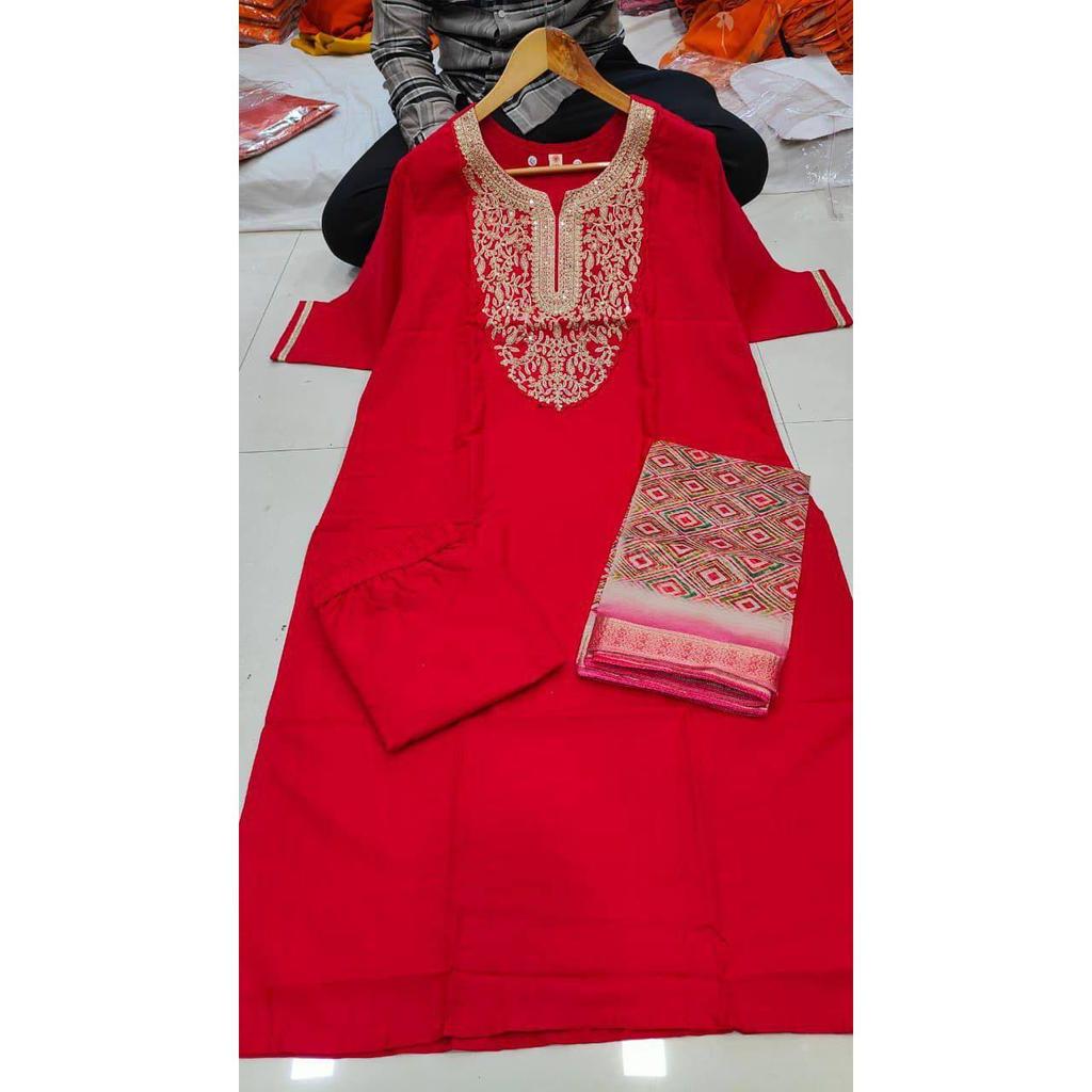 Women's Rayon Slub Embroidered Straight Kurta with Pant And Dupatta Sets