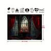 2D Dark Academia Gothic Window with Red Curtains and Candles Party Backdrop