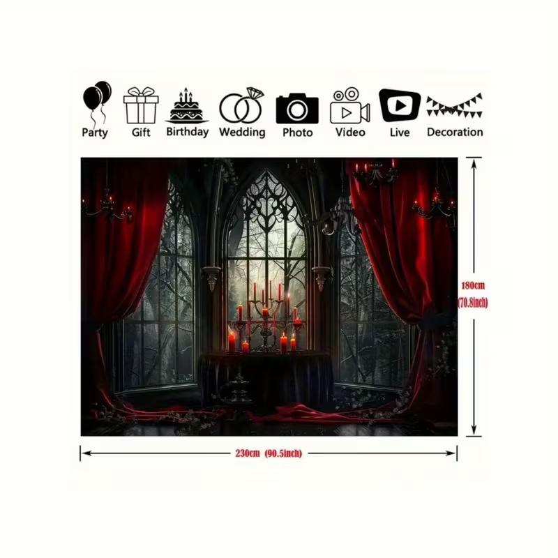 2D Dark Academia Gothic Window with Red Curtains and Candles Party Backdrop