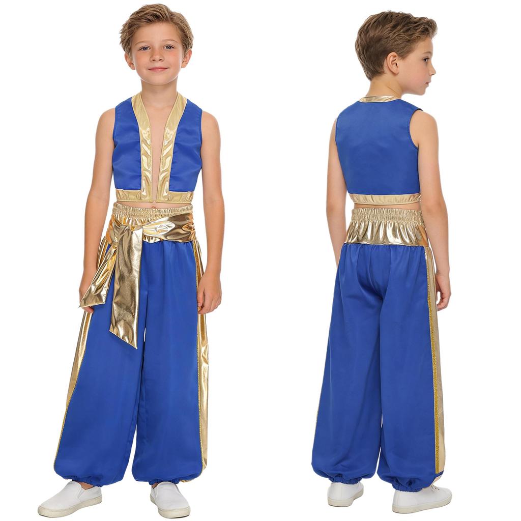 Boys Arab Prince Cosplay Costume 2Pcs: Loose Vest & Metallic Shiny Patchwork Bloomers Harem Pants Outfit for Halloween Party