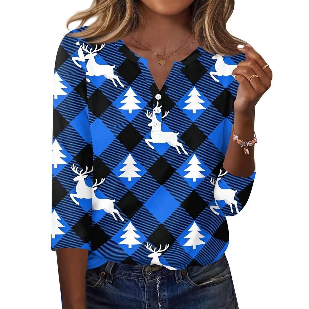 Women's Christmas Print V-Neck Three-Quarter Sleeve T-Shirt with Button Casual Holiday Top