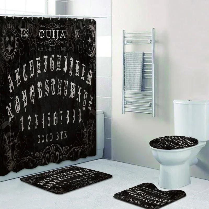Funny Dancing Skeleton Magic Ouija Board Bathroom Shower Curtain Set Black Skull Bath Mats Rugs Witchy Halloween Home Decor
