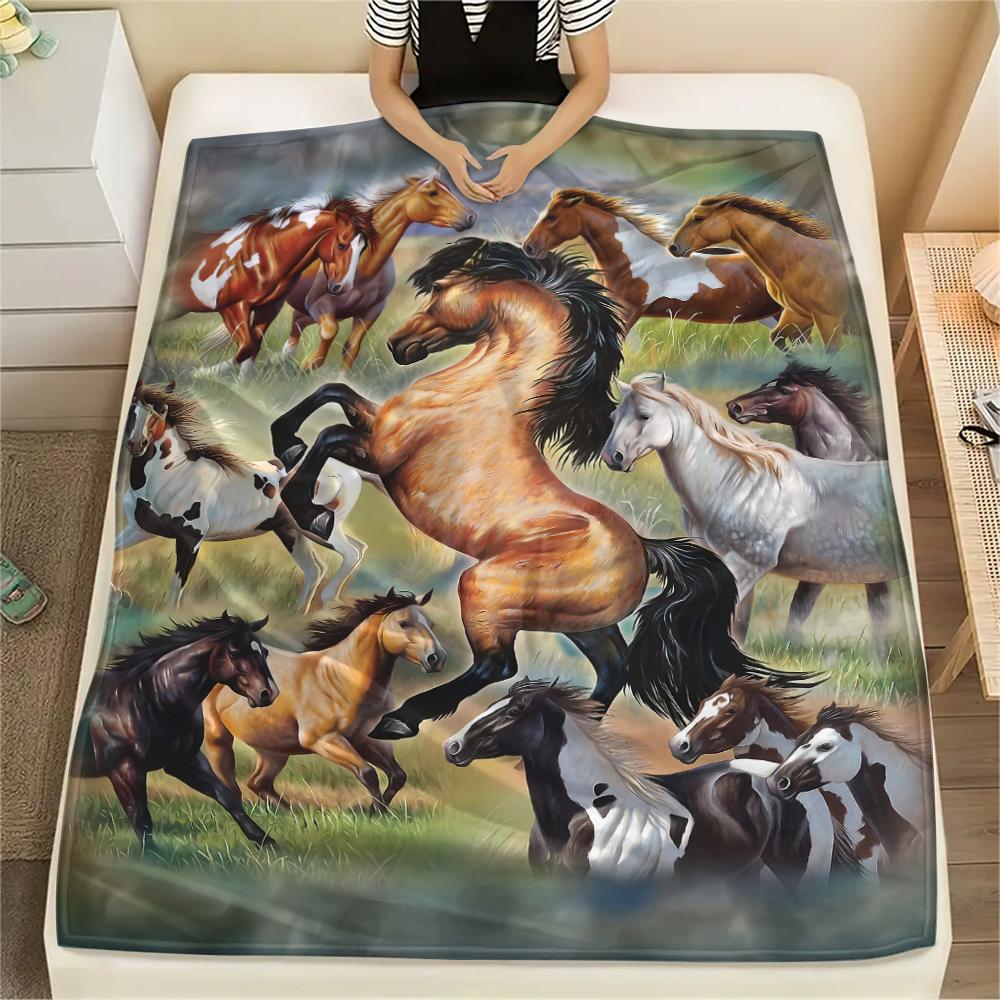 1Pc Horse Print Flannel Blanket, High Quality Comfortable for All Seasons, Home Decor, Warmth and Comfort, Perfect for Christmas Gifts