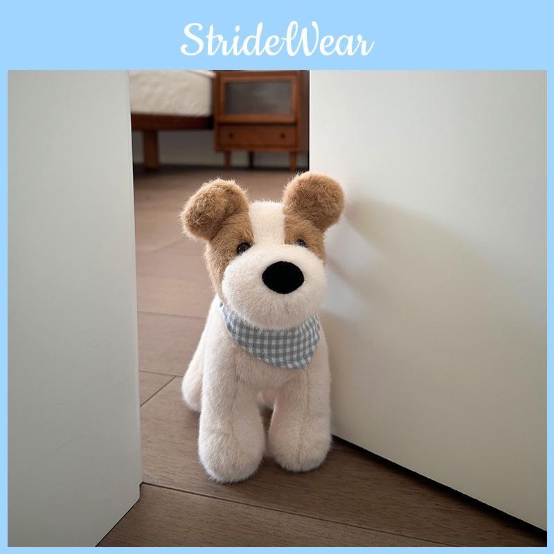 Checkered Cute Blue Scarf Plush Dog Doll Children Toy For Decoration Room