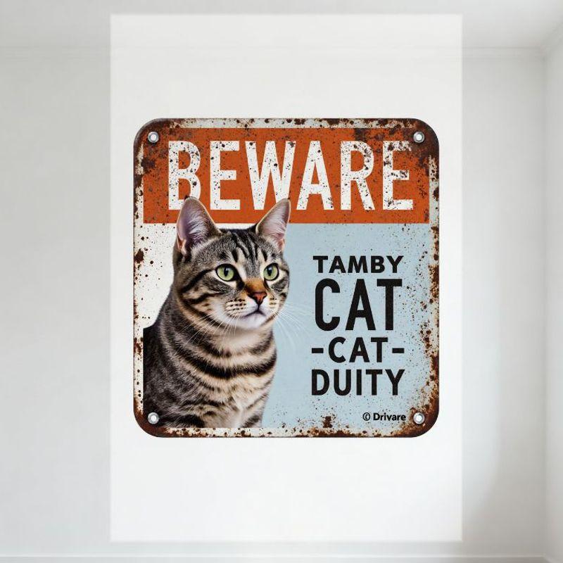 Vintage Rusty Square Metal Sign Beware Gray Tabby Cat Tamby Cat Cat Duty Sign for Man Cave Home Decor Aged Retro Metal Plaque wi
