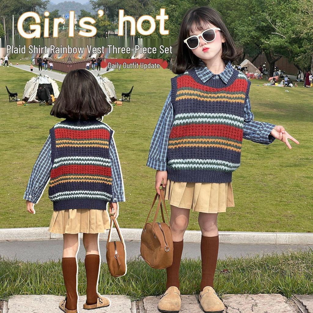 Girls' Garden School Uniform: College Style Spring/Autumn JK Shirt, Rainbow Vest, Skirt Three-Piece Set