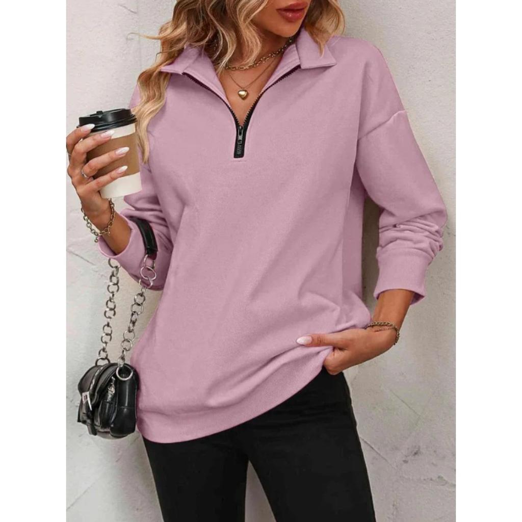 Felpa da donna con mezza zip e maniche lunghe, vestibilità ampia, casual, tinta unita, top pullover