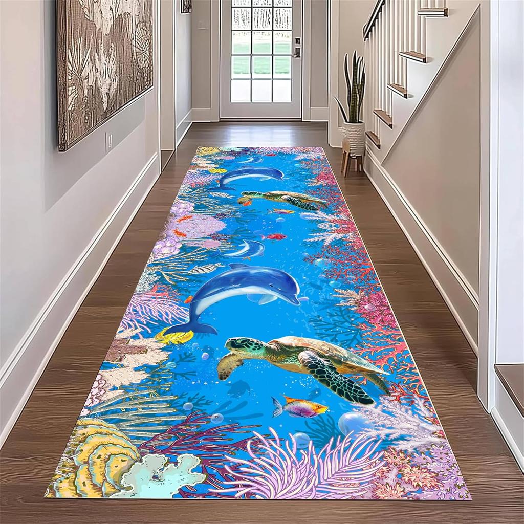 Ocean Theme Runner Rug Whale Shark Turtle Seahorse Jellyfish Print Carpet Colorful Cartoon Illustration Non-Slip Hallway Mat