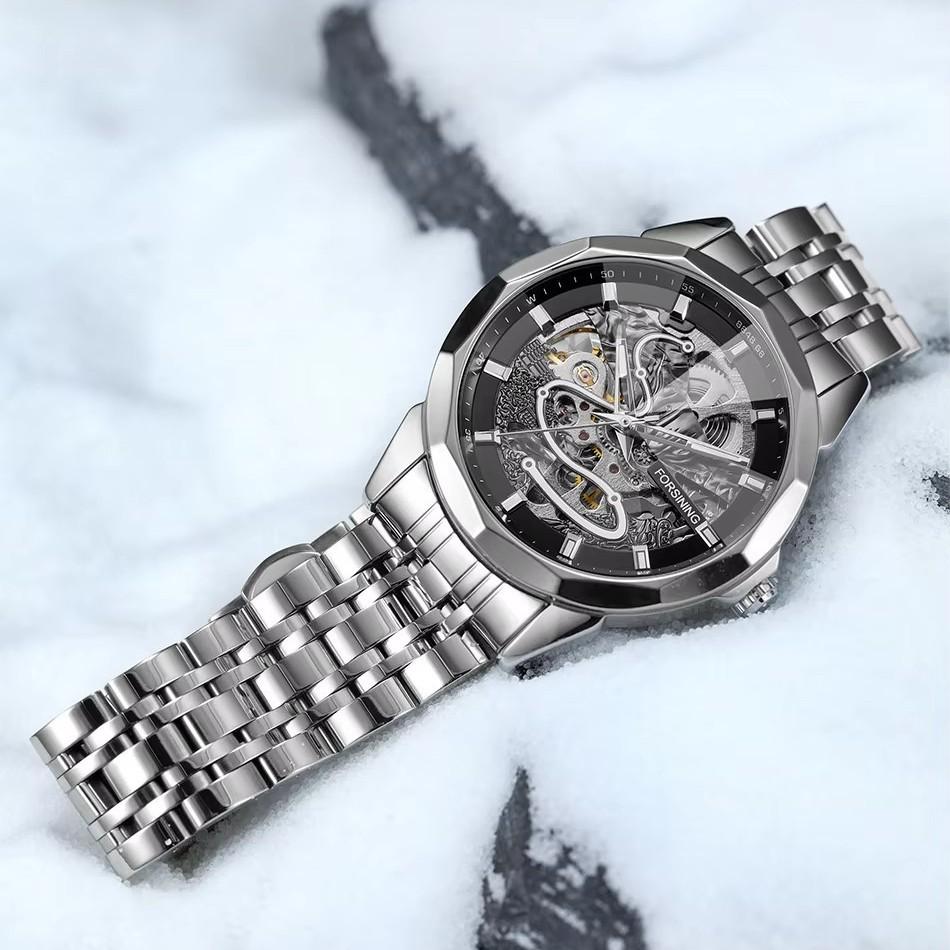 FORSINING Original Gold Skeleton Mechanical Man Watch Automatic Movement Clock Luxury Stainless Steel Men's Watches