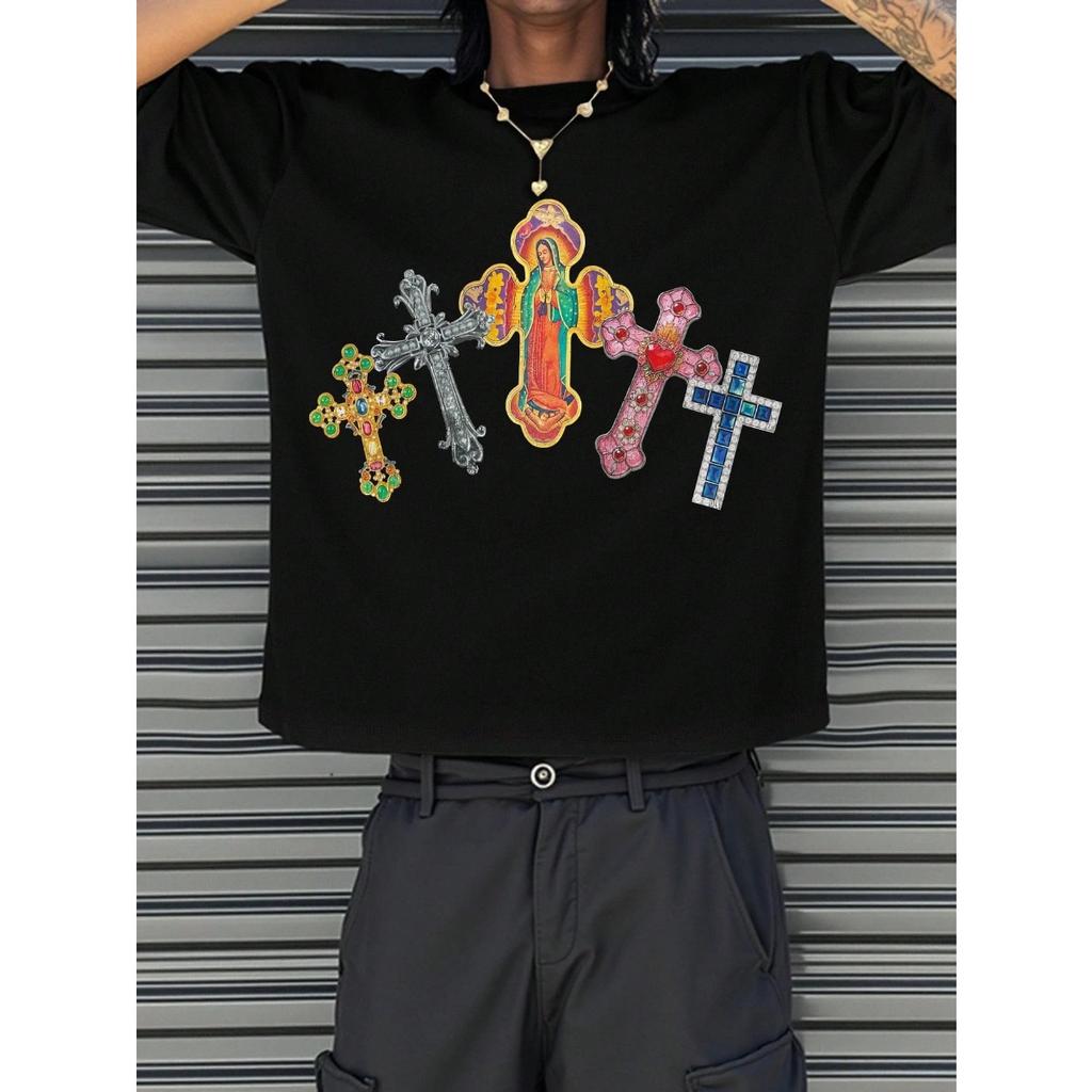 STREETRICH Comfortable Mens White Crew Neck T-Shirt Cross Jesus Print T-Shirt Vintage Shirt Graphic T-Shirt Pro Choice Streetwear