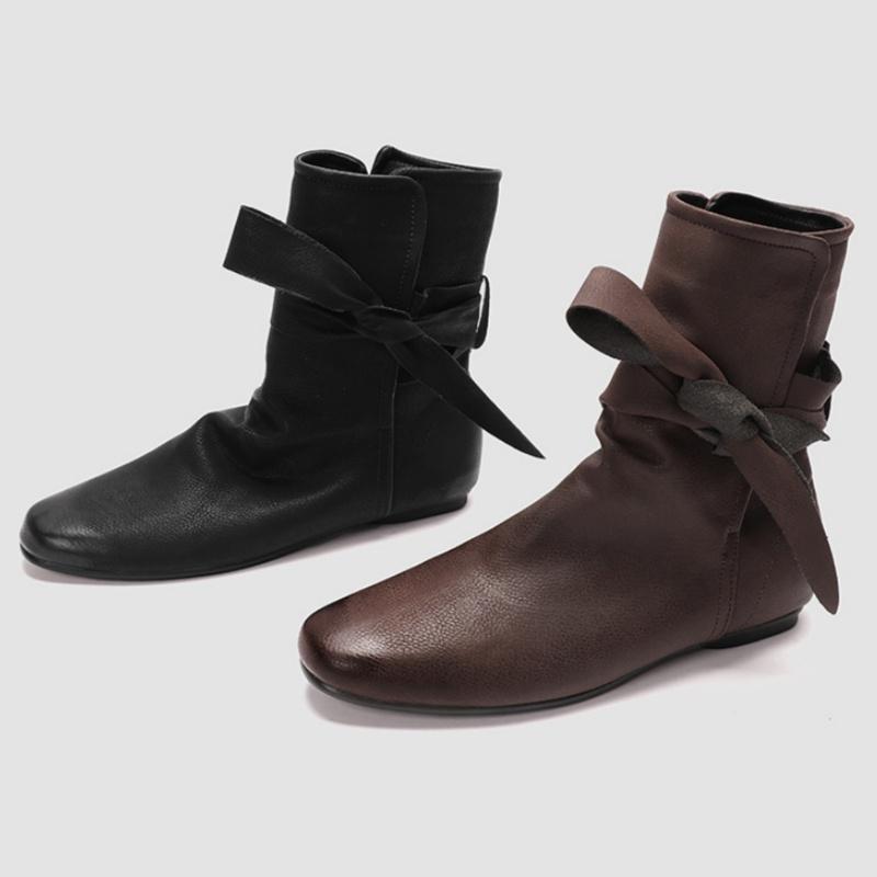Fashion Design Vintage Bow Short Boots 2025 Autumn French Style Soft Sole Non-slip Low Heel Boots Solid Color Versatile Women's Boots
