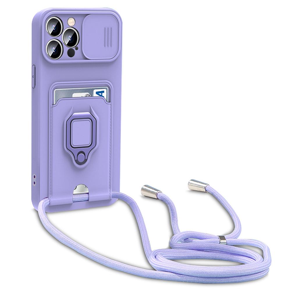 For iPhone 15 Pro Max Case Card Holder PC + TPU Phone Kickstand Cover with Lanyard