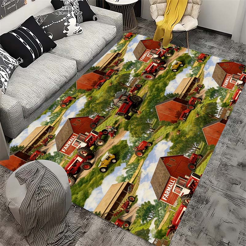 Farm Tractor Themed Play Rug, Soft Non-Slip Carpet with Green Harvesters & Crops Pattern, for Kids Bedroom & Playroom
