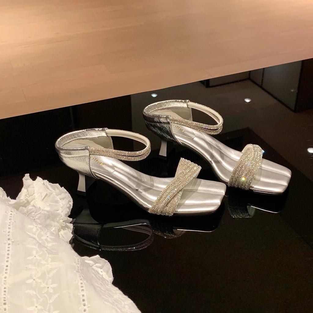 Genuine leather~ beautiful flash diamond 6cm cross word with open toe high heel sandals women's summer