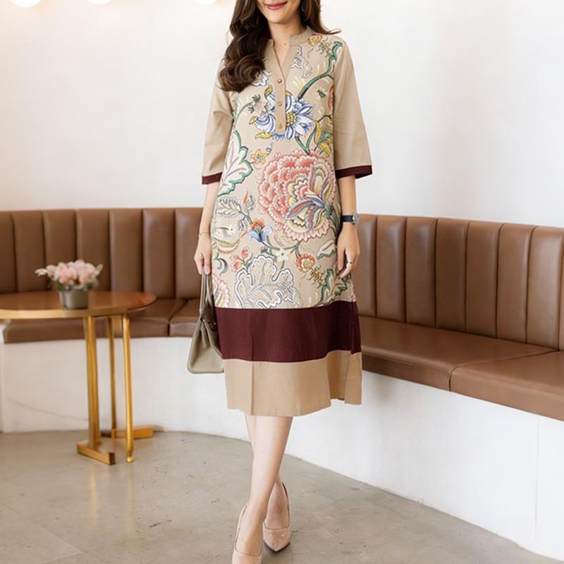 

ZANZEA Women Casual V-neck 3/4 Sleeve Loose Retro Print Dress 5XL хакі