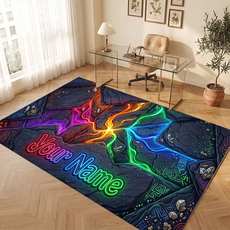 Neon Colorful Theme Crystal Velvet Floor Rug Personalized Custom Name Text Warm Carpet Home Decoration