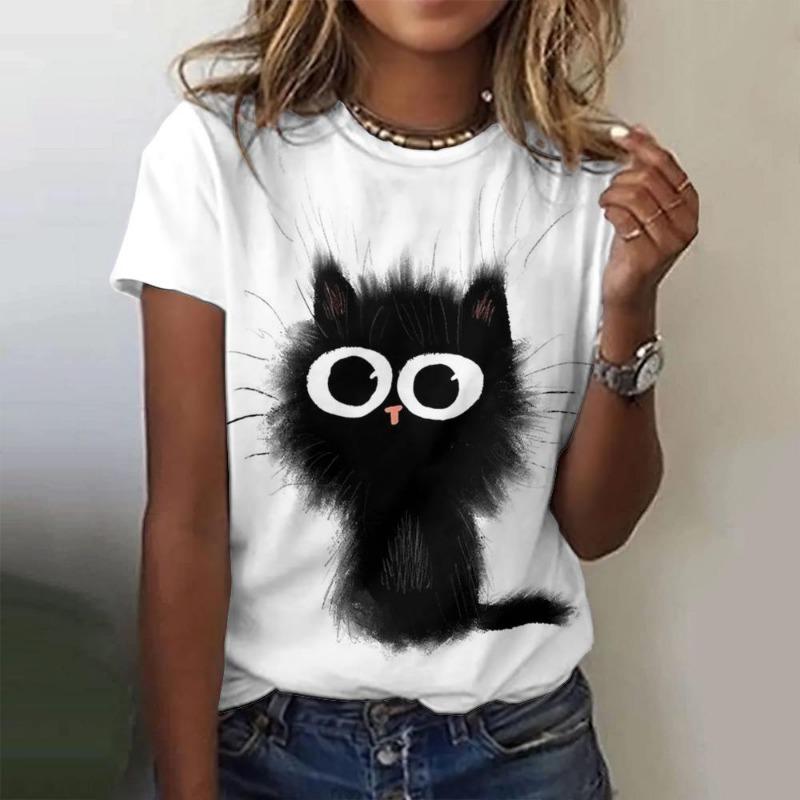 Summer Street Women's Casual T-Shirt Paired With 3d Printed Small Black Cat Pattern Top Casual Round Neck Short Sleeved T-Shirt