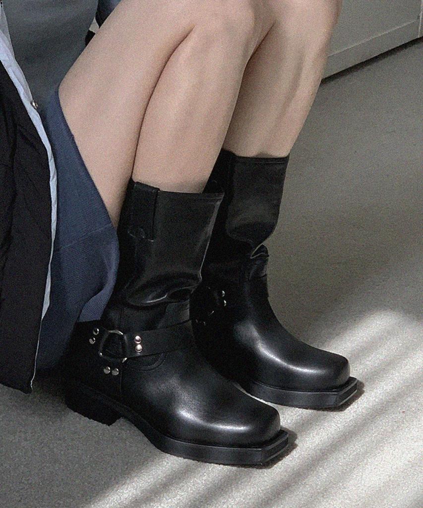 Moodnple Westby Leather Belt Boots With Decorative Point Black 4Cm