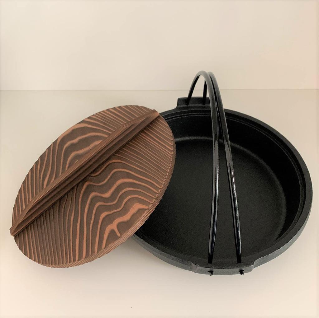 Made in Japan, Nanbu Ironware Sukiyaki and Gyoza Pot with Handle and Wooden Lid, 24cm Inner Diameter, IH Compatible