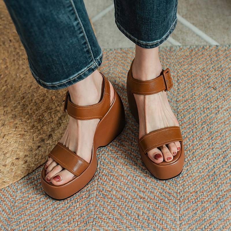 Krazing Pot Cow Leather Peep Toe Thick High Heels Platform Summer Shoes Buckle Straps Casual Waterproof Women Sandals