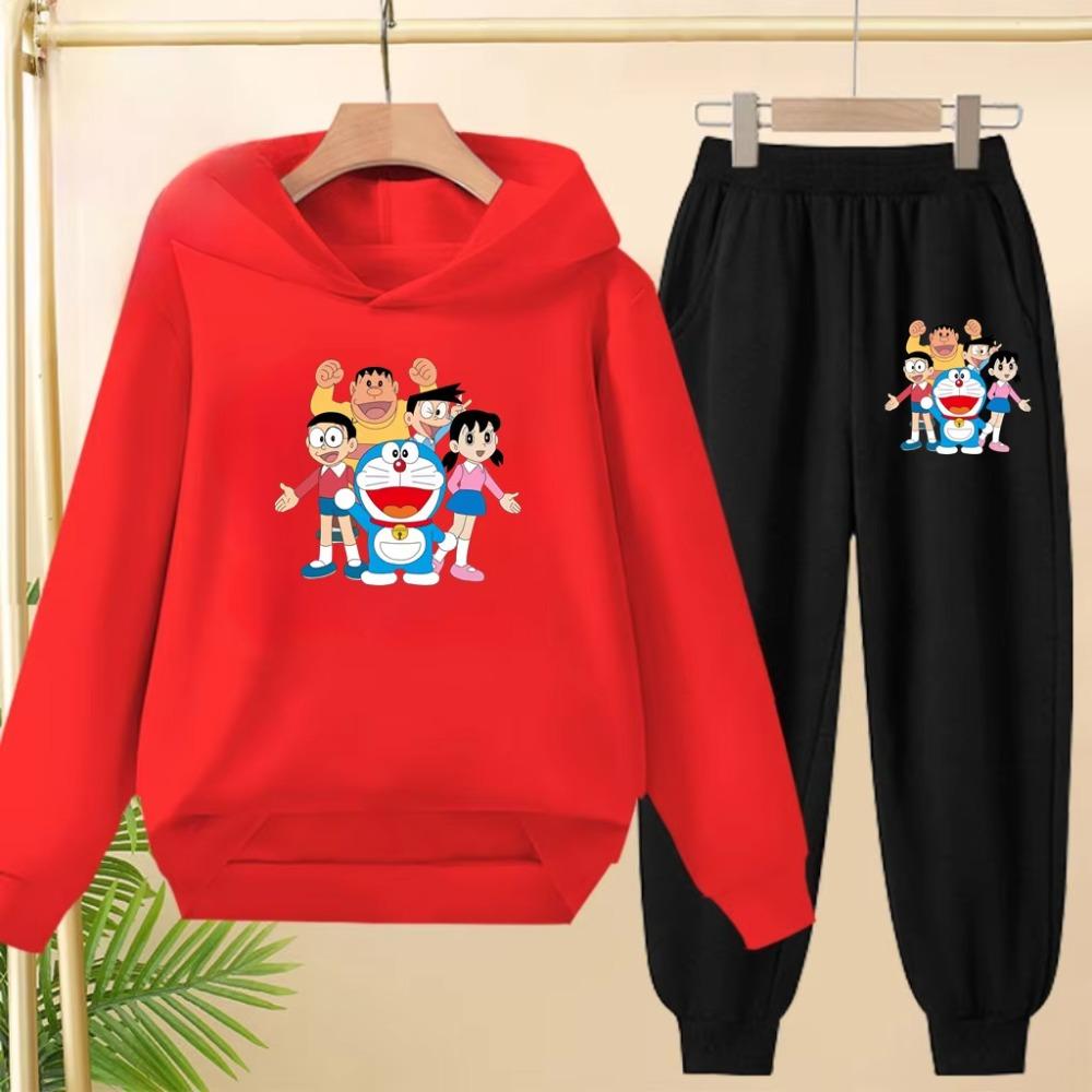 Doraemon Ciepły Zimowy Zestaw Bluza Dziecięca, Codzienny Sportowy Długi T-shirt z Kapturem i Długie Spodnie Odpowiedni dla Chłopców Dziewczynek w Wieku od 3 do 12 Lat