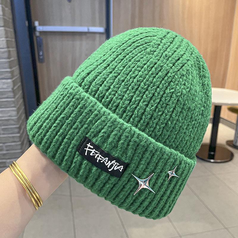 Letter knitted hat women's autumn and winter versatile big head circumference warm ear protection wool hat showing face small hat thickened