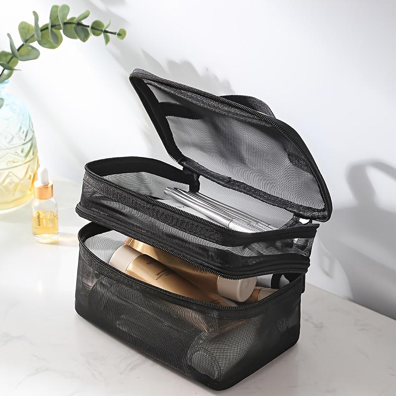 Double-Layer Makeup Bag - Large Capacity, Portable Cosmetic Organizer with Mesh Design for Travel & Bathroom Storage Bags