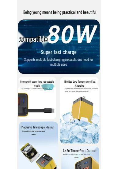 80W GaN Type-C Multi-Port Fast Charger with Magnetic Retractable Cable (US Standard)