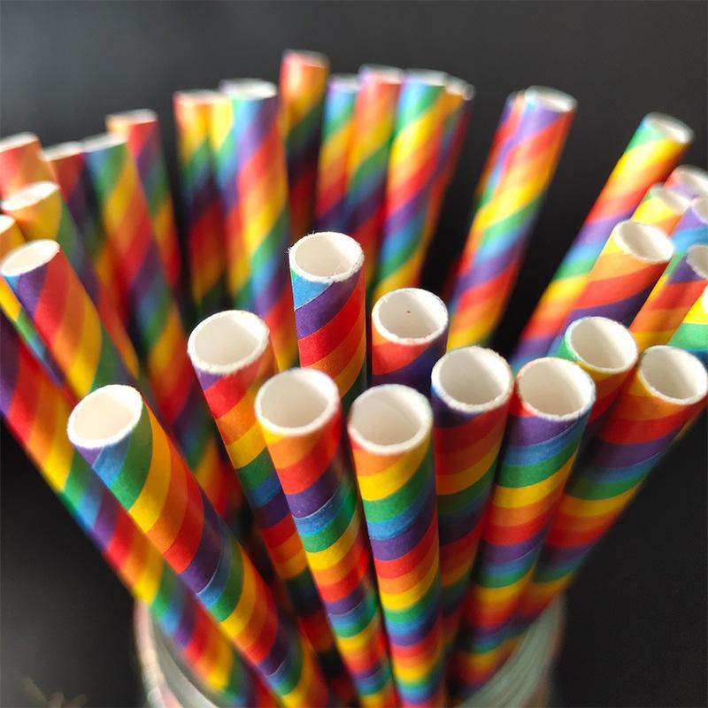 100PCS Disposable Drinking Straws Rainbow Stripe Biodegradable Paper Straw For Wedding Birthday Party Supplies Decorations