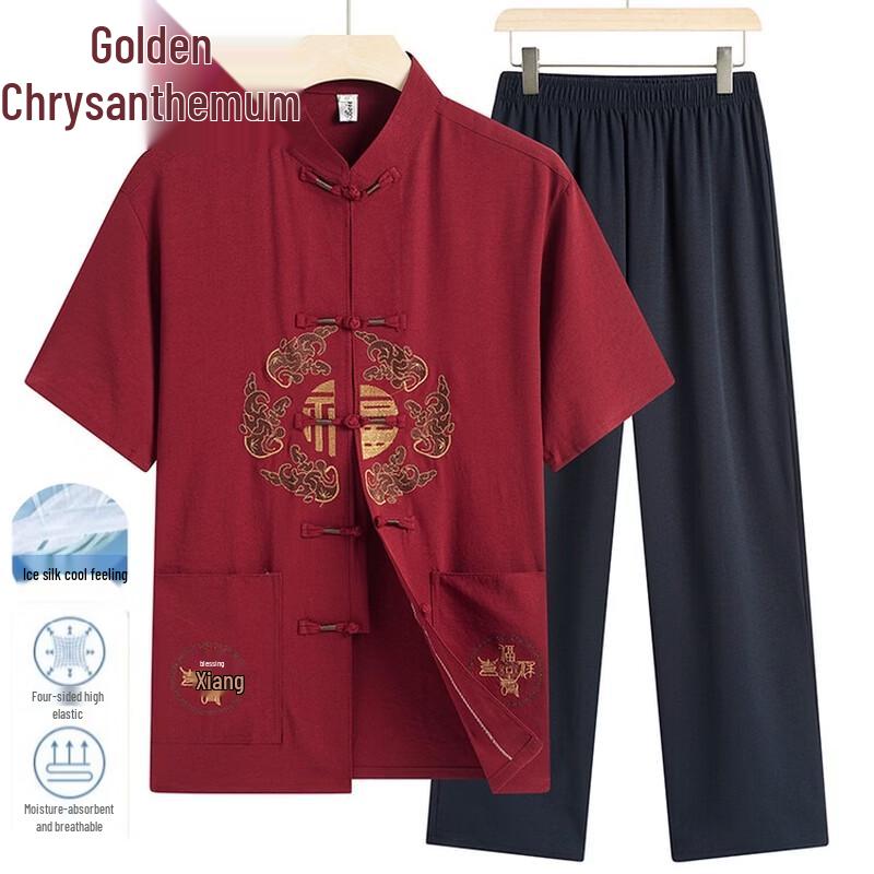 JINJU Men's Traditional Chinese Tang Suit - Short Sleeve Ice Silk Summer Set