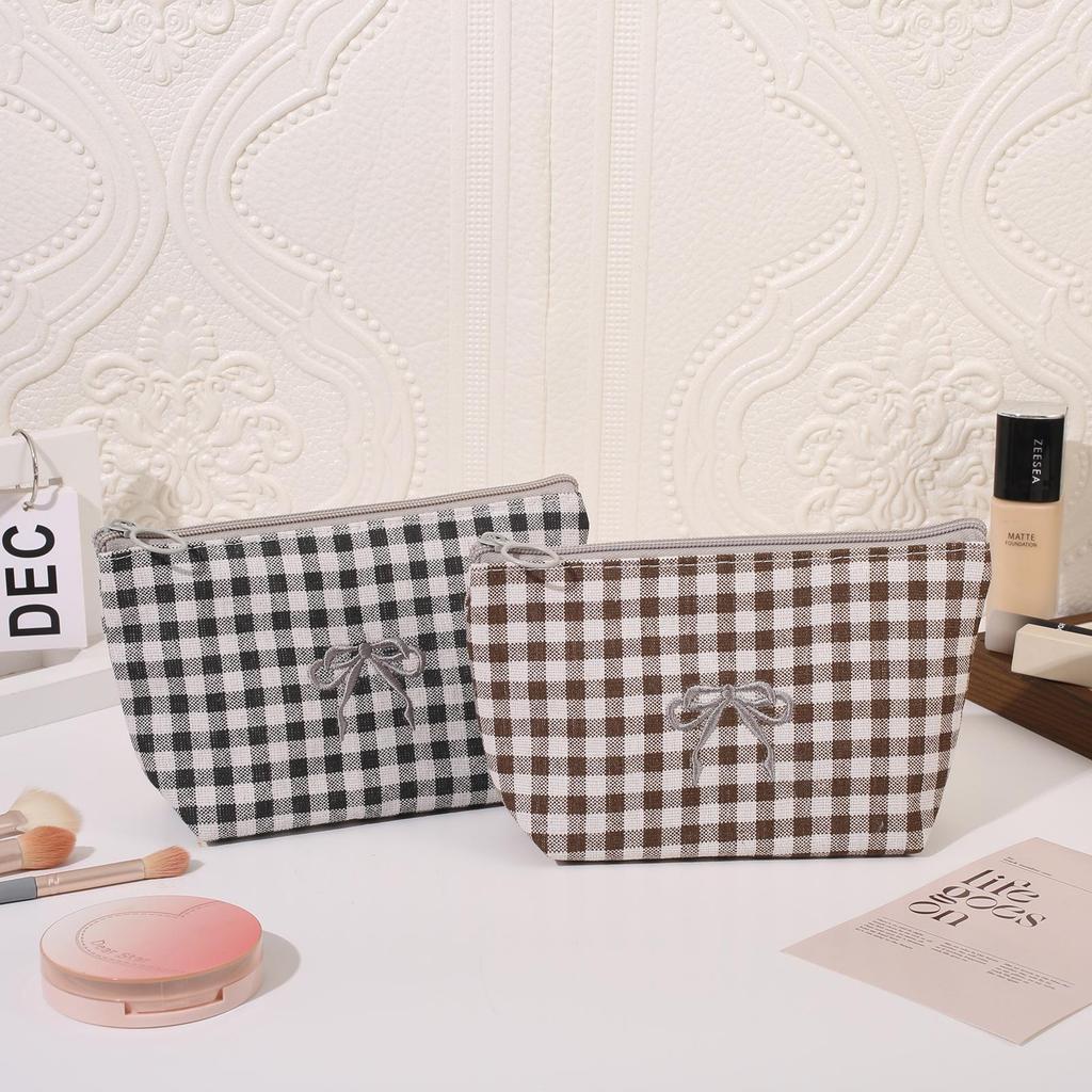 Large Plaid Makeup & Toiletry Bag with Bow Embroidery - Portable Handheld Storage & Student Pencil Case