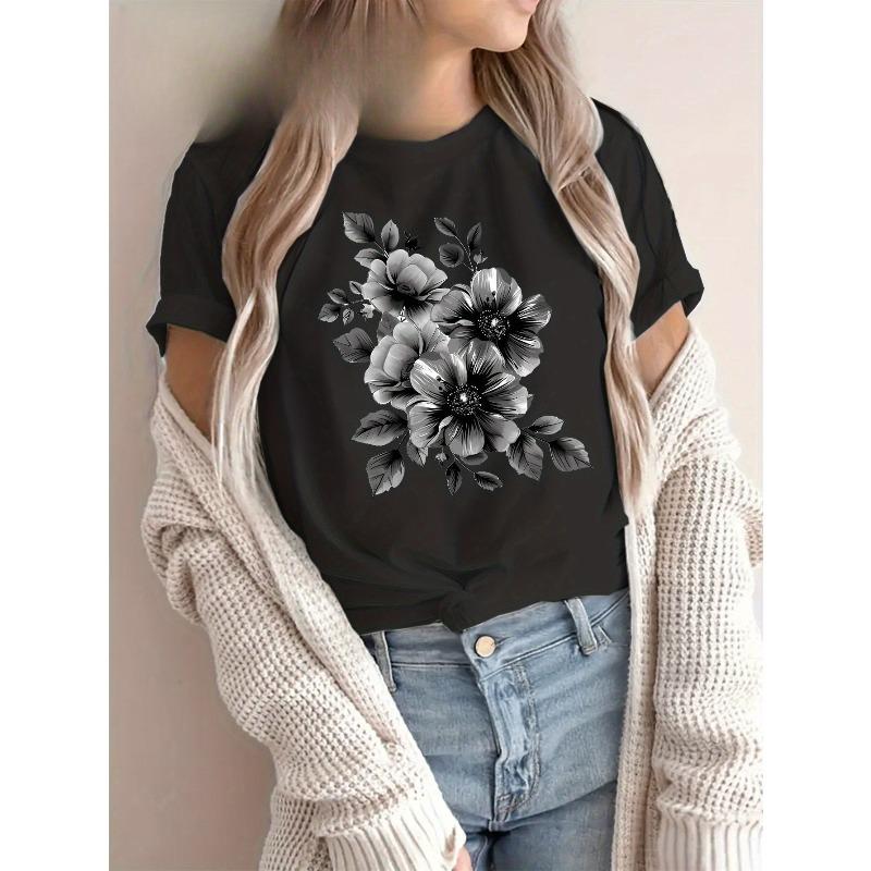 

European Size Plus Size, Monochrome Floral Arran Synthetic Gemstone Women s Plus Size Printed Casual Round Neck Short Sleeve Top 4XL