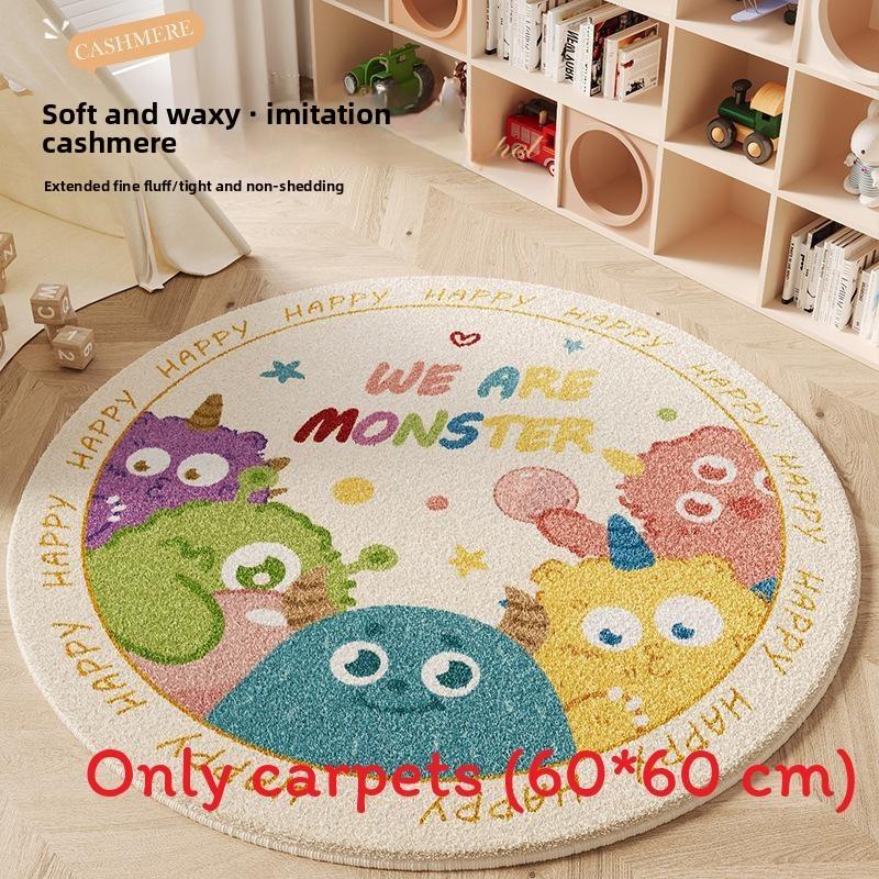 Cartoon Round Area Rug For Bedroom With Monster And Dinosaur Print Design Kids Reading Room Decor